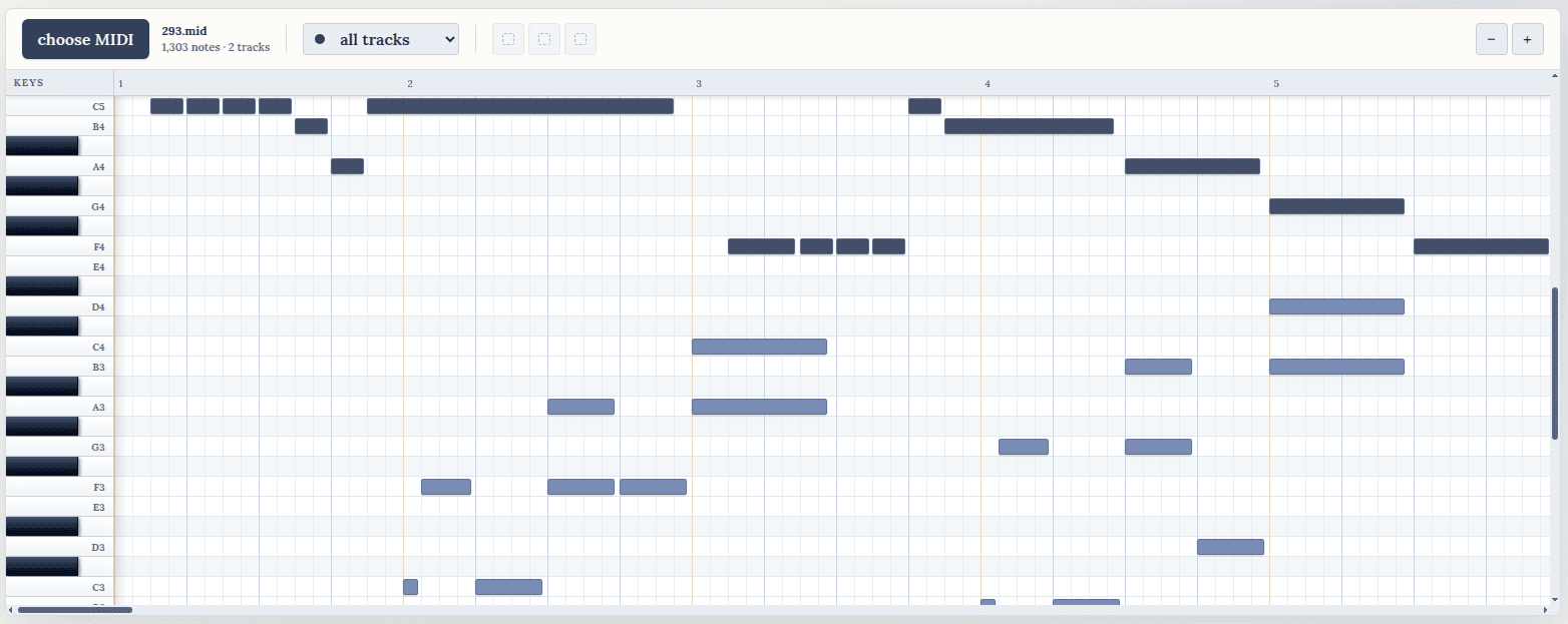 Apollo Scribe piano roll displaying two MIDI tracks across a five-measure timeline